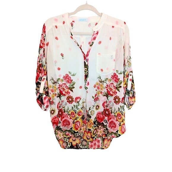 JUN & IVY WOMEN'S CREAM & FLORAL HI - LO BLOUSE W/ROLL UP TAB SLEEVES - SIZE M - Picture 1 of 9